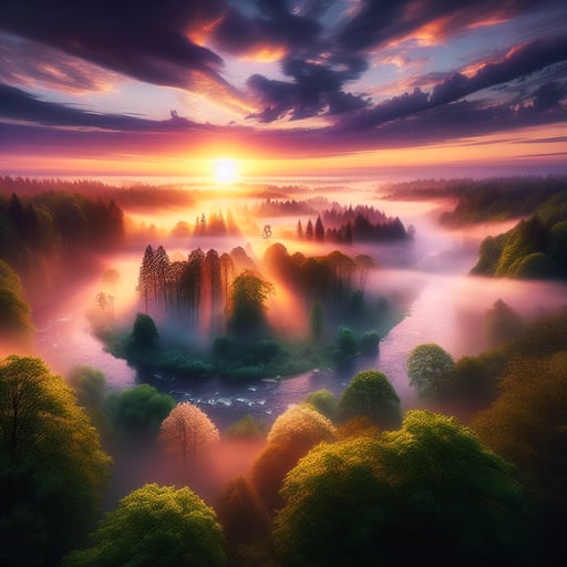 A mesmerizing good morning image of a forest under a gentle fog at sunrise, with rays of light creating a tranquil atmosphere