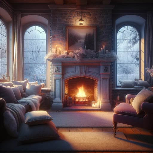 A snug fireplace radiates a gentle glow on a frosty winter's morning, offering a comforting, tranquil scene in a beautifully decorated room, creating a perfect good morning image.