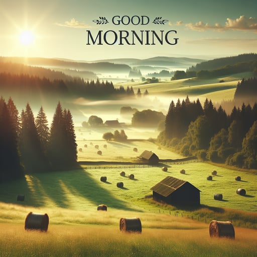 A serene countryside morning with green fields, dewy fog, a distant barn, and the greeting 'Good Morning'.