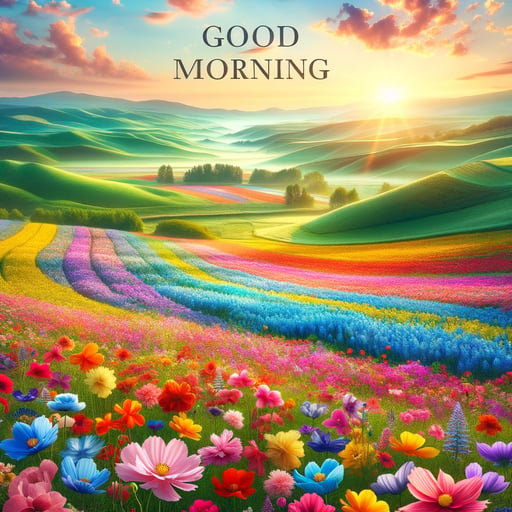 Good morning image of colorful flowers in green fields under a clear sky with morning sun, with 'Good Morning' text floating above.