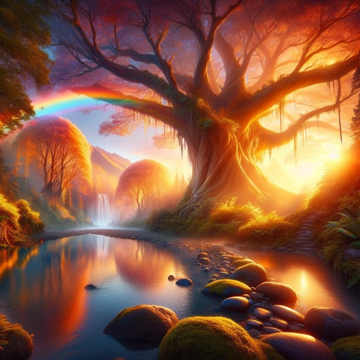Tranquil river and glowing bushes under a rainbow in a serene magical forest - good morning image.