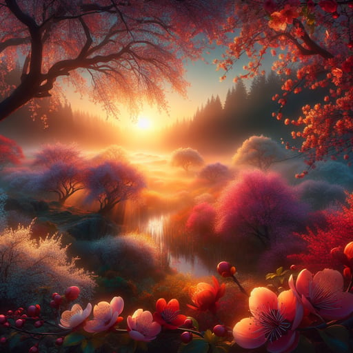 Serene sunrise over a colorful garden of blossoming flowers, symbolizing a peaceful start to the day - good morning image.