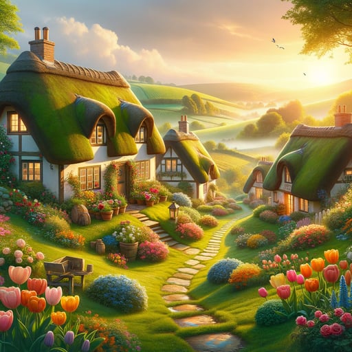 Serene countryside good morning image with quaint cottages, vibrant gardens, and a warm sunrise.