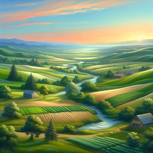 Tranquil early morning in the countryside with green hills, small crops, and pastel sky good morning image.