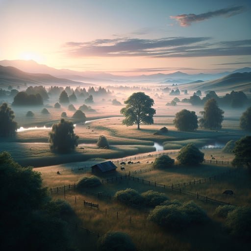 The image depicts a tranquil, early morning countryside setting, void of any living creatures, making it a peaceful good morning image.