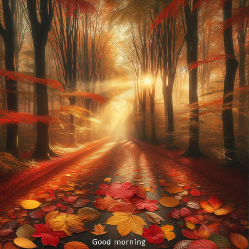 Peaceful good morning image of an autumn scene with a sunlight-dappled lane, surrounded by a forest of vibrant, fall-colored leaves.