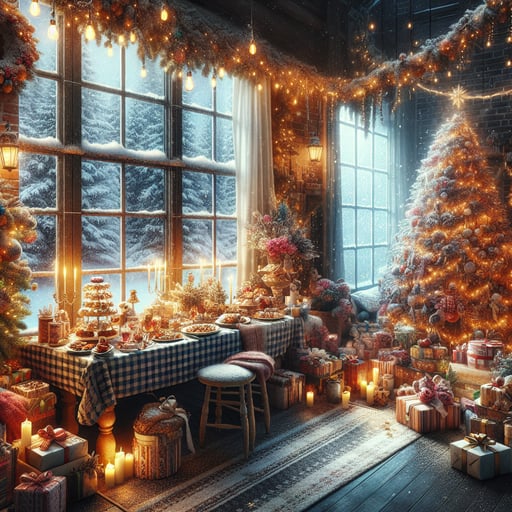 A good morning image depicting a cozy winter celebration scene with festive lights, snow outside, and a warm inviting atmosphere inside.