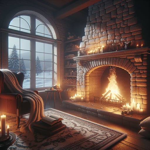 Heartwarming image of a serene winter morning, with a warm indoor scene and snowy view outside, conveying a peaceful good morning.