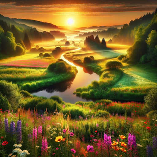 A serene good morning image capturing a stunning summer landscape with lush fields, a meandering river, and rising golden sun.
