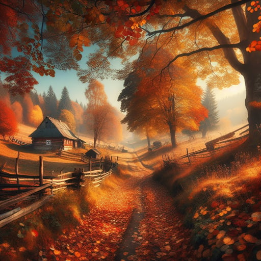 Crisp autumn morning in the countryside with colorful leaves and a clear blue sky, good morning image.