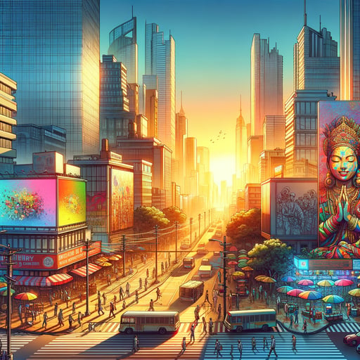 Diverse urban center at sunrise with 'Good Morning' text, featuring cultural sculptures, murals, and colorful food stalls.