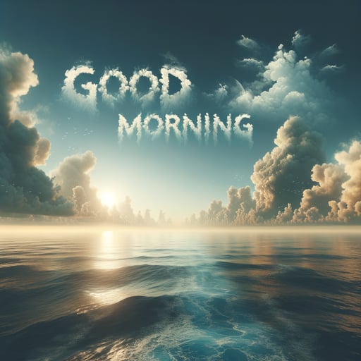 Tranquil scene of a deep ocean at dawn with warm sunlight and the words 'Good Morning' in the sky.