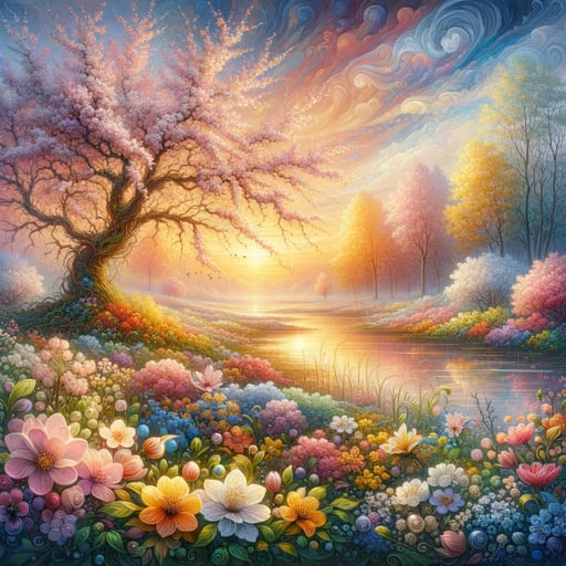 A tranquil spring morning landscape ablaze with colorful flowers under a soft sunrise, wishing you a good morning.