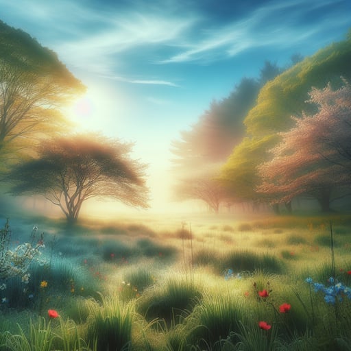 A tranquil good morning image of a spring landscape, with dew-kissed grass, blooming flowers, and a bright blue sky