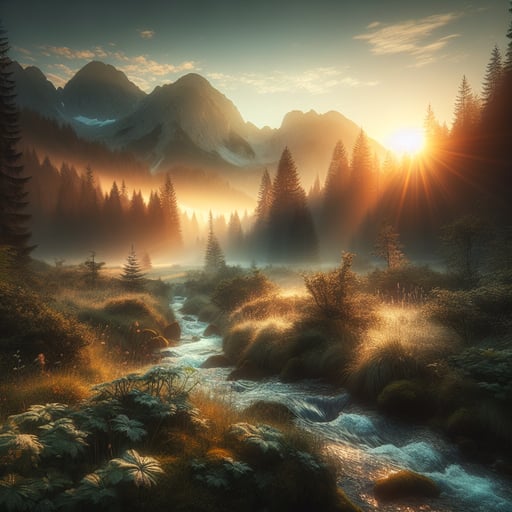 Serene good morning image of a sunrise through mist, highlighting mountain peaks and a sparkling brook in a lush forest