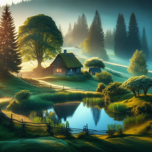 An idyllic good morning image capturing a serene countryside scene with a rustic cottage, lush fields, and a peaceful lake at dawn.