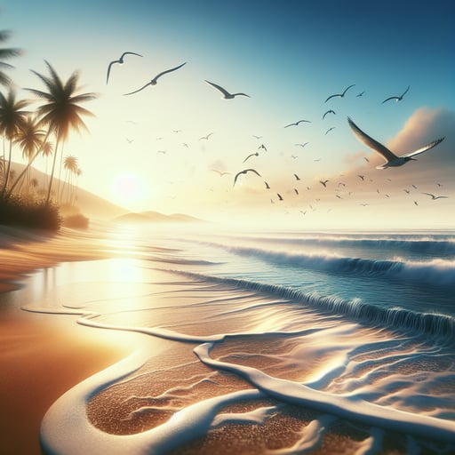 Tranquil morning seascape with gentle waves caressing the sun-kissed beach, under a soothing sunrise, good morning image.