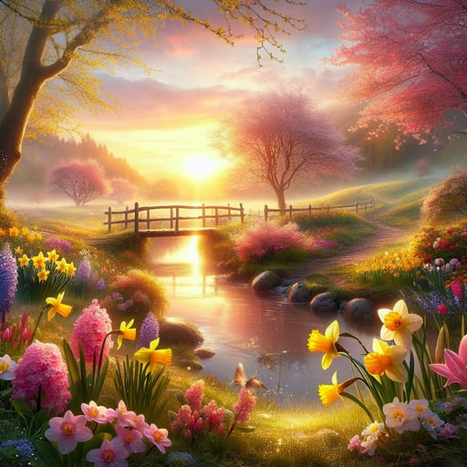 Serene spring morning scene with rising sun, blooming flowers, and calm river, signifying a fresh start. Good morning image.