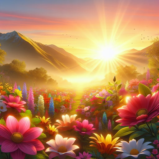 A serene morning landscape with sunlight bathing radiant flowers, symbolizing an optimistic start to the day in this good morning image.