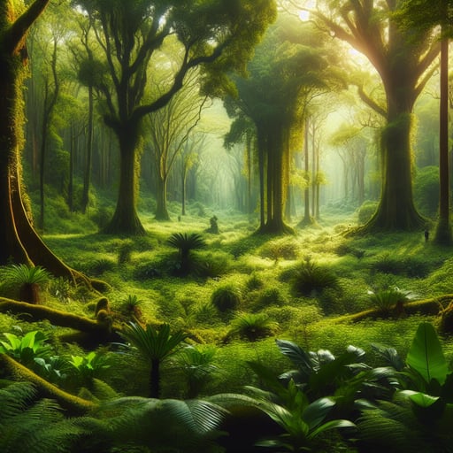 A serene good morning image of a lush, vibrant forest bathed in the soft glow of dawn, free of any creatures or human presence.