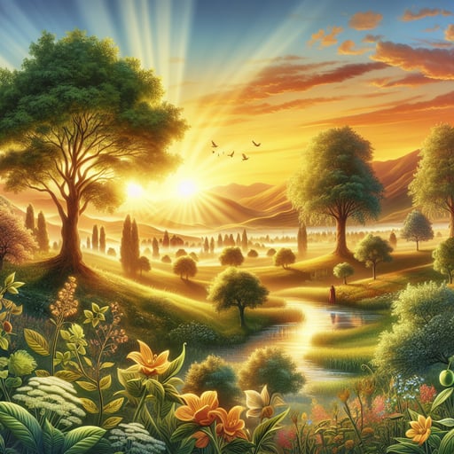 A good morning image of a sunlit landscape with fruit-bearing trees, blooming flowers, and a reflective stream, embodying joy and abundance.