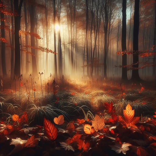 Serene autumn forest at sunrise, with dew on leaves and a gentle fog, perfect as a good morning image.