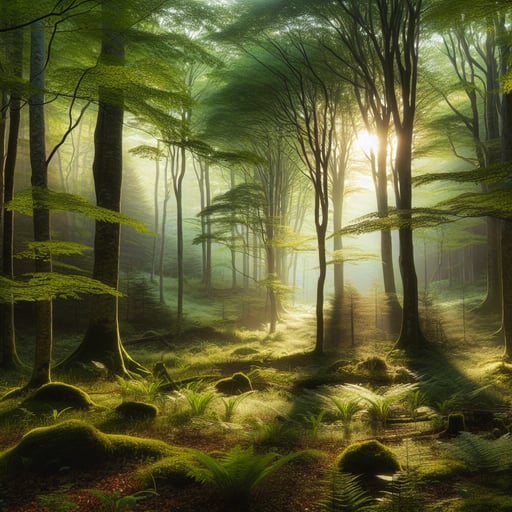 Serene morning scene in a forest with sunlight filtering through leaves, a mist-covered ground, and peaceful, untouched nature.