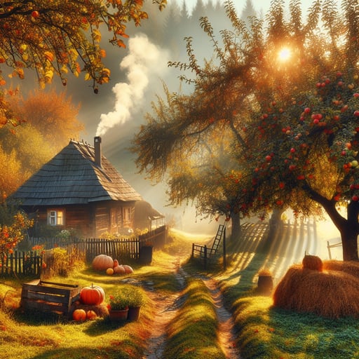 Rustic autumnal scene with a small country cottage, smoking chimney, apple orchard, pumpkin patch under a golden sunrise. Good morning image.