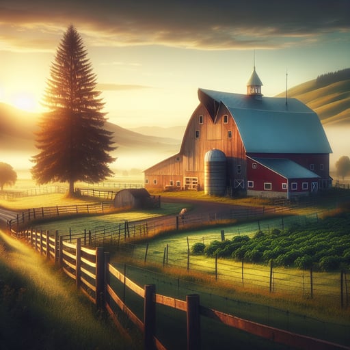 Serene morning light illuminates a nurturing farm, showcasing barns, fields, and fences devoid of any beings, symbolizing a safe haven for all. Good morning image.