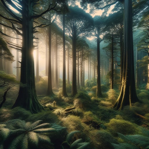 Serene morning in an ancient forest with sunlight filtering through the trees, capturing the essence of tranquility and the awe-inspiring beauty of nature in this good morning image.