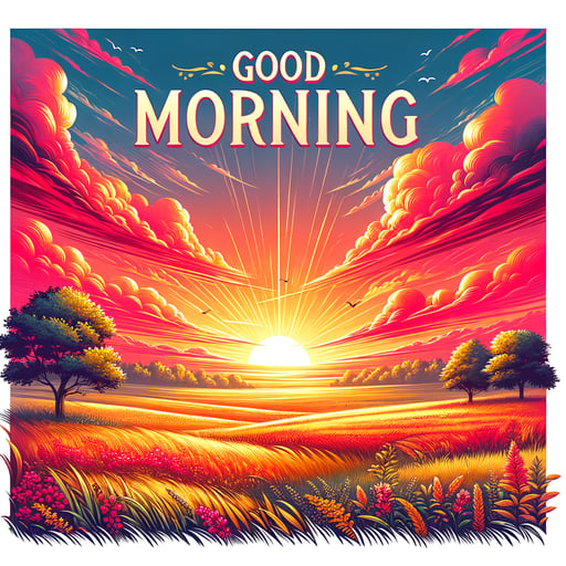 A serene good morning image displaying a radiant summer sunrise with a sky awash in orange, pink, red, and yellow.