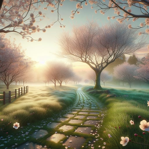 Tranquil spring morning with dew on grass and cherry blossoms along a cobblestone path, a perfect good morning image.