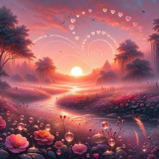 Dawn unfurls a canvas of love with heart-shaped leaves and dew-kissed petals in a good morning image.