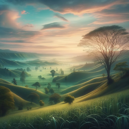 A serene countryside landscape during early morning hours, enveloped in soft pastel hues from the sunrise, with 'Good morning' inscribed in the sky.