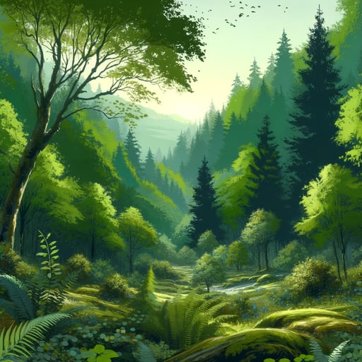 Serene good morning image showcasing a verdant forest with lush greenery and a peaceful atmosphere.