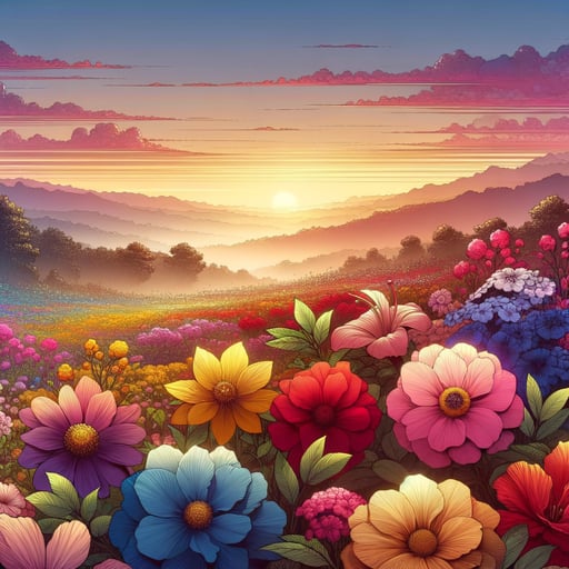 A tranquil good morning image of a vibrant floral landscape at dawn, with a subtle 'Good Morning' inscription.