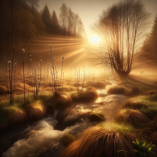 Serene spring morning with a golden sunrise over a dewy meadow and a clear stream, symbolizing new beginnings - good morning image.