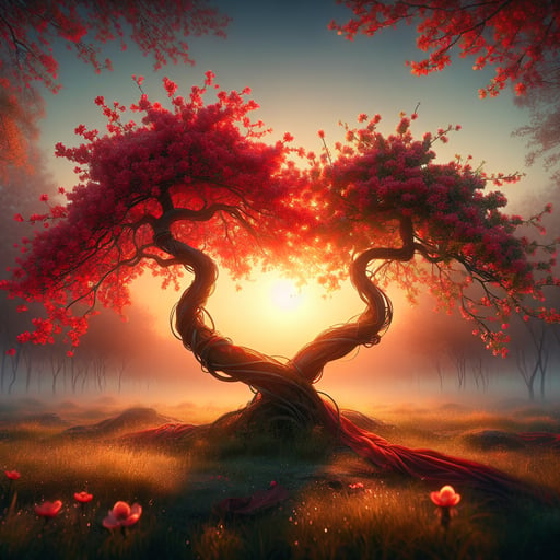 Two intertwined trees with red and orange blooms under a gentle sunrise, symbolizing love - good morning image.
