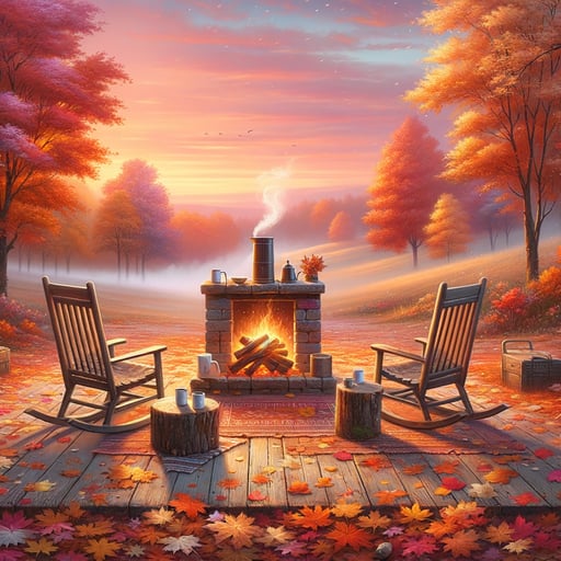 Serene autumn morning scene with an outdoor fireplace, empty rocking chairs, and a 'good morning' sky.