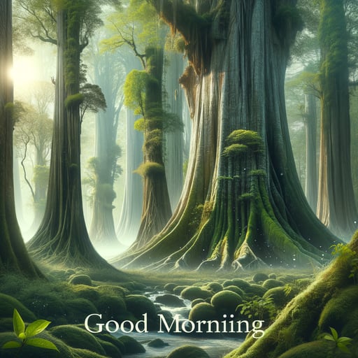 A serene good morning image depicting towering forests with multi-shaded green trees, delicate dew drops glistening under the first rays of sun.