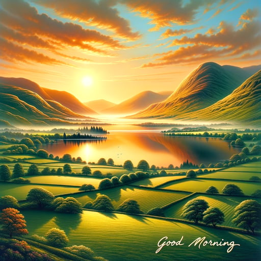 Serene good morning image capturing a sunrise over a calm lake, with the glow reflecting off the water and lush greenery.