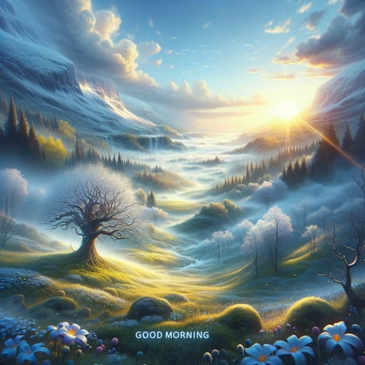 Illustration of a refreshing spring morning, with the sunrise illuminating a dew-kissed landscape, embodying the essence of a new beginning and a good morning image.