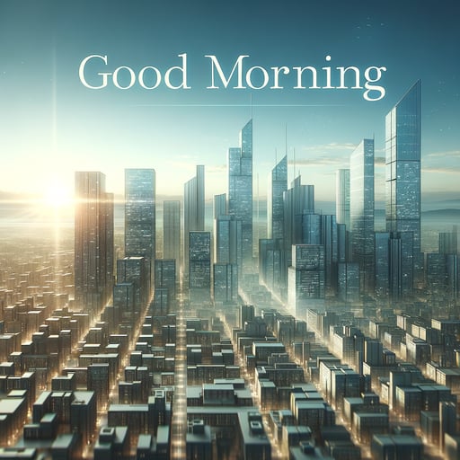 A peaceful cityscape at dawn with modern skyscrapers bathed in morning light, highlighting the promise of a fresh day, good morning image.