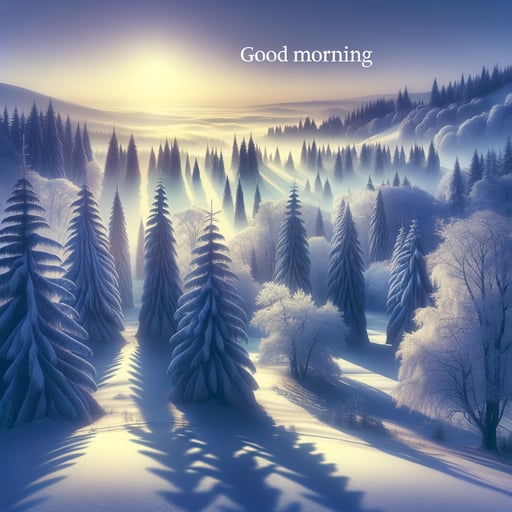 A serene good morning image of a winter wonderland with snow-laden trees and dawn's soft light.