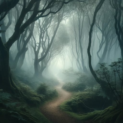 A serene good morning image of a mystical forest path enveloped in mist, inviting peaceful exploration and tranquility.