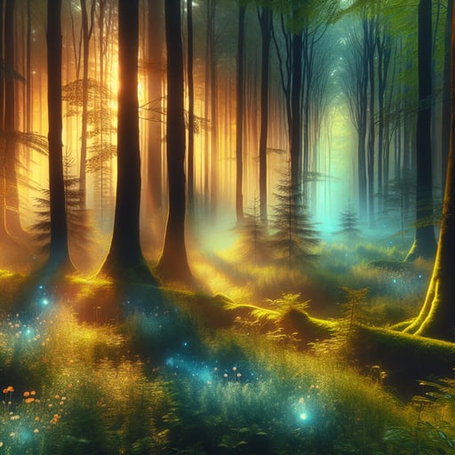 Enchanting morning in a fairy tale forest with tall trees, vibrant foliage, and a carpet of wildflowers under a golden dawn light, embracing a mystical vibe.