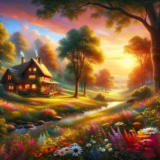 A serene summer retreat at dawn, where a wooden cottage and blooming wildflowers are bathed in the soft glow of the rising sun - a perfect good morning image.