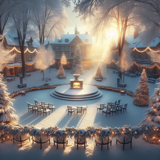 Festive winter morning in a decorated town square with snow, twinkling lights, and an unlit fireplace suggesting a gathering - good morning image.