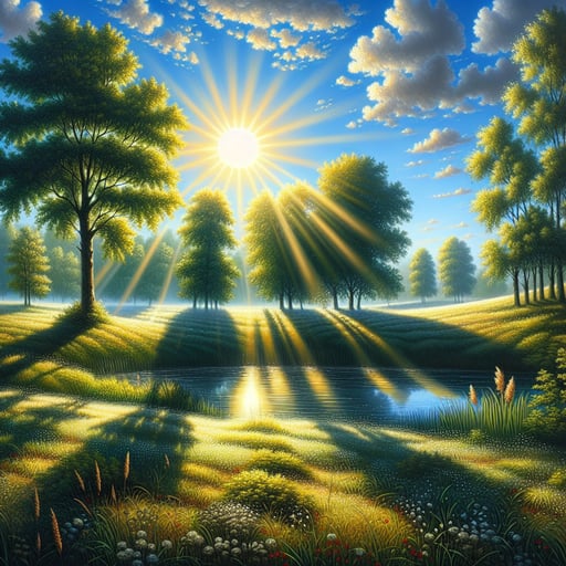 Serene summer sunrise with sunlight filtering through trees onto dewy grass, clear blue sky, and a tranquil lake reflecting the sun in a good morning image.