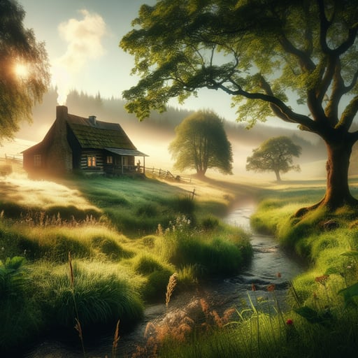 A serene, idyllic countryside retreat at sunrise with a rustic cabin, vibrant wildflowers, and a sparkling brook - good morning image
